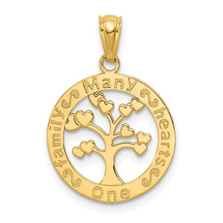 14k Yellow Gold Polished ONE FAMILY MANY HEARTS Tree Pendant