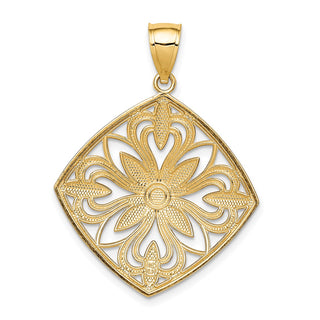 14k Yellow Gold w/Rhodium Diamond-cut Polished Fancy Square Pendant K5953