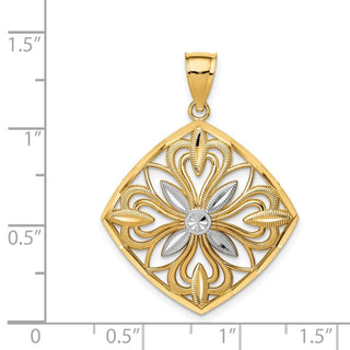 14k Yellow Gold w/Rhodium Diamond-cut Polished Fancy Square Pendant K5953