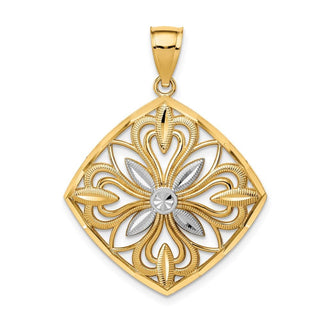 14k Yellow Gold w/Rhodium Diamond-cut Polished Fancy Square Pendant K5953