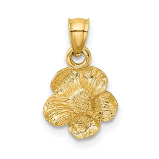 14k Yellow Gold Satin Diamond-Cut Hibiscus Flower Pendant