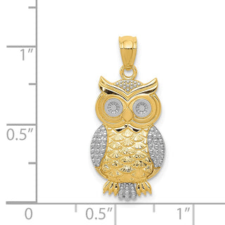 Mens 14k Yellow Gold and Rhodium Polished and Textured Owl Pendant