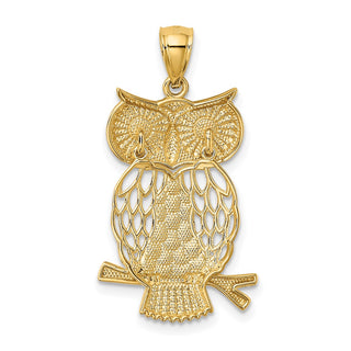 Mens 14k Yellow Gold And Rhodium Diamond-Cut Polished Moveable Owl Pendant