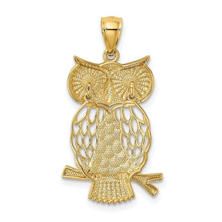 Mens 14k Yellow Gold And Rhodium Diamond-Cut Polished Moveable Owl Pendant