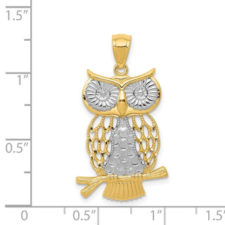 Mens 14k Yellow Gold And Rhodium Diamond-Cut Polished Moveable Owl Pendant