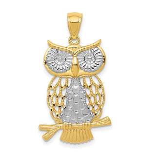 Mens 14k Yellow Gold And Rhodium Diamond-Cut Polished Moveable Owl Pendant