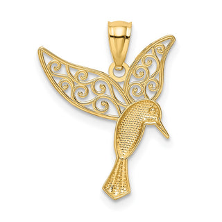 14k Yellow Gold And Rhodium Polished Hummingbird Filigree Wings Pendant