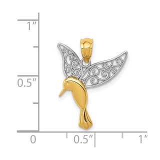 14k Yellow Gold And Rhodium Polished Hummingbird Filigree Wings Pendant
