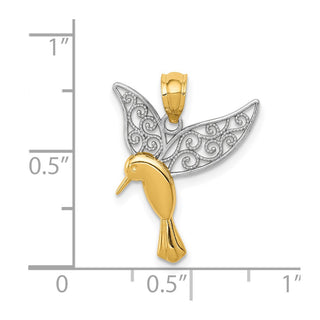 14k Yellow Gold And Rhodium Polished Hummingbird Filigree Wings Pendant
