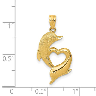 14k Yellow Gold Diamond-cut Satin and Polished Dolphins Heart Pendant