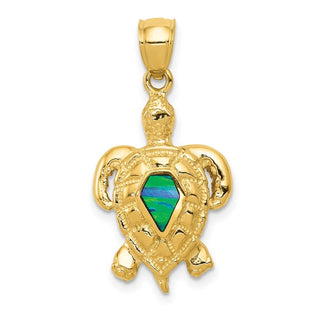 14k Yellow Gold Polished w/Lab-Created Blue Opal Turtle Pendant