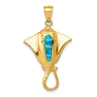 14k Yellow Gold Polished w/Lab-Created Blue Opal Stingray Pendant