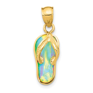 14k Yellow Gold Polished w/Lab-Created Opal Flip Flop Pendant