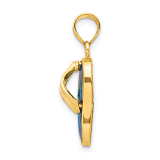 14k Yellow Gold Polished w/Lab-Created Blue/Green Opal Flip Flop Pendant