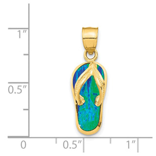 14k Yellow Gold Polished w/Lab-Created Blue/Green Opal Flip Flop Pendant