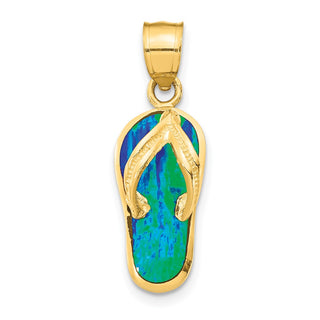 14k Yellow Gold Polished w/Lab-Created Blue/Green Opal Flip Flop Pendant