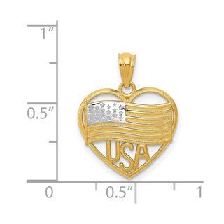14k Yellow Gold and Rhodium Polished American Flag and USA In Heart Pendant