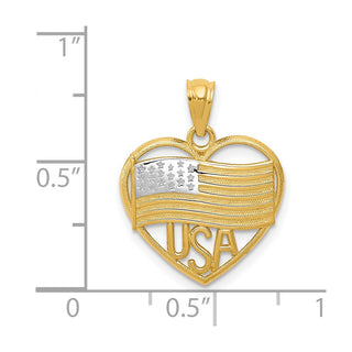 14k Yellow Gold and Rhodium Polished American Flag and USA In Heart Pendant