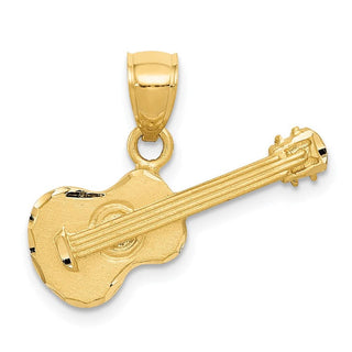 14k Yellow Gold Satin Diamond-Cut Acoustic Guitar Pendant