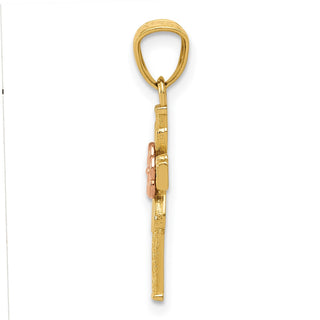 14k Yellow and Rose Gold Polished Diamond-Cut Cross with Flower Pendant