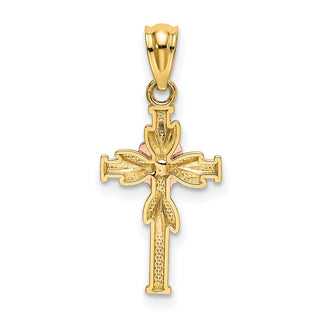 14k Yellow and Rose Gold Polished Diamond-Cut Cross with Flower Pendant