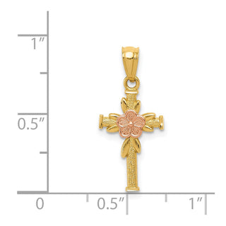 14k Yellow and Rose Gold Polished Diamond-Cut Cross with Flower Pendant