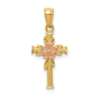 14k Yellow and Rose Gold Polished Diamond-Cut Cross with Flower Pendant