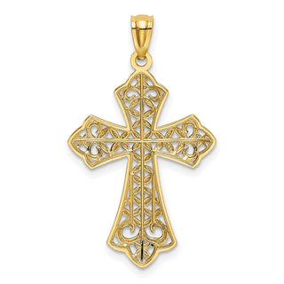 14k Yellow Gold and Rhodium Polished Diamond-Cut Filigree Cross Pendant K6176