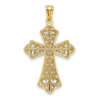 14k Yellow Gold and Rhodium Polished Diamond-Cut Filigree Cross Pendant K6176