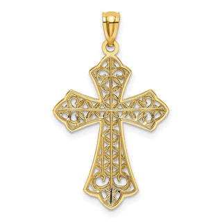 14k Yellow Gold and Rhodium Polished Diamond-Cut Filigree Cross Pendant K6176
