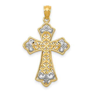 14k Yellow Gold and Rhodium Polished Diamond-Cut Filigree Cross Pendant K6176