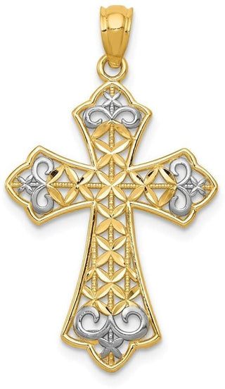 14k Yellow Gold and Rhodium Polished Diamond-Cut Filigree Cross Pendant K6176