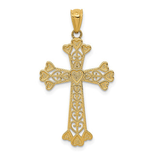 14k Yellow Gold Diamond-Cut Polished Filigree Hearts Cross Pendant