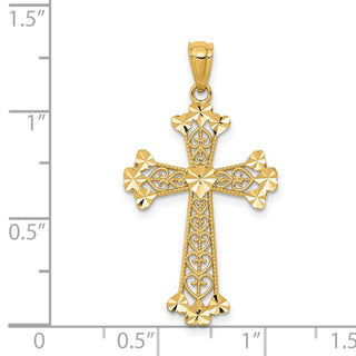 14k Yellow Gold Diamond-Cut Polished Filigree Hearts Cross Pendant