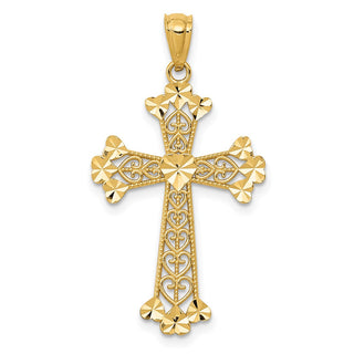 14k Yellow Gold Diamond-Cut Polished Filigree Hearts Cross Pendant
