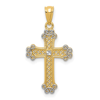 14k Yellow Gold and Rhodium Diamond-Cut Filigree Cross Pendant K6266