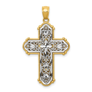14k Yellow Gold and Rhodium Reversible Diamond-Cut Filigree Cross Pendant