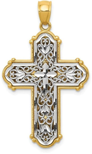 14k Yellow Gold and Rhodium Reversible Diamond-Cut Filigree Cross Pendant