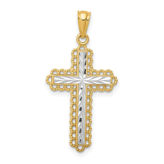 14k Yellow Gold and Rhodium Diamond-Cut Budded Cross Pendant