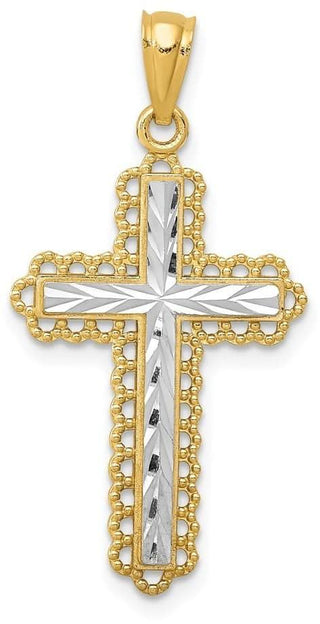 14k Yellow Gold and Rhodium Diamond-Cut Budded Cross Pendant