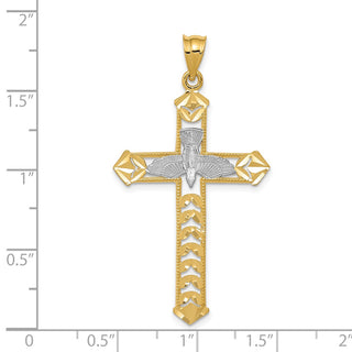 14k Yellow Gold and Rhodium Polished Diamond-Cut Dove Cross Pendant