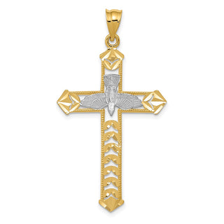 14k Yellow Gold and Rhodium Polished Diamond-Cut Dove Cross Pendant