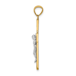 14k Yellow & White Gold Satin & Polished Diamond-Cut Crucifix with Vines Pendant