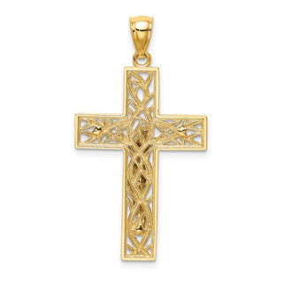 14k Yellow & White Gold Satin & Polished Diamond-Cut Crucifix with Vines Pendant