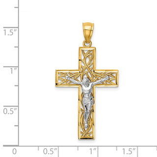 14k Yellow & White Gold Satin & Polished Diamond-Cut Crucifix with Vines Pendant