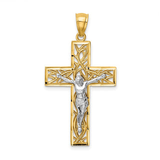 14k Yellow & White Gold Satin & Polished Diamond-Cut Crucifix with Vines Pendant