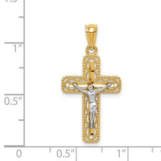 14k Yellow and White Gold Polished Beaded Crucifix Pendant