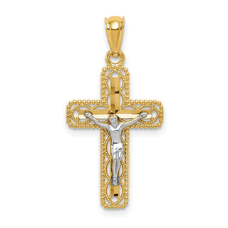 14k Yellow and White Gold Polished Beaded Crucifix Pendant
