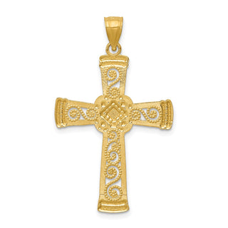 14k Yellow Gold and Rhodium Diamond-Cut Filigree Cross Pendant K6321