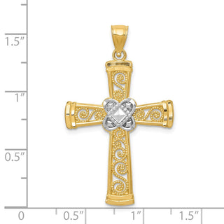14k Yellow Gold and Rhodium Diamond-Cut Filigree Cross Pendant K6321